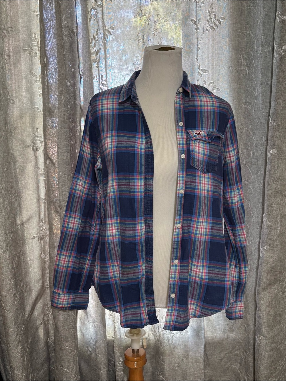 Hollister Navy Plaid Button-Down Shirt with Pink & Light Blue Accents
